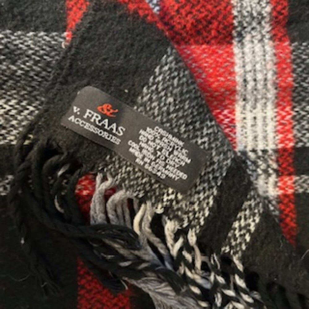 V.Fraas Plaid Scarf Red Black White Fringe Soft Winter Wrap 51”